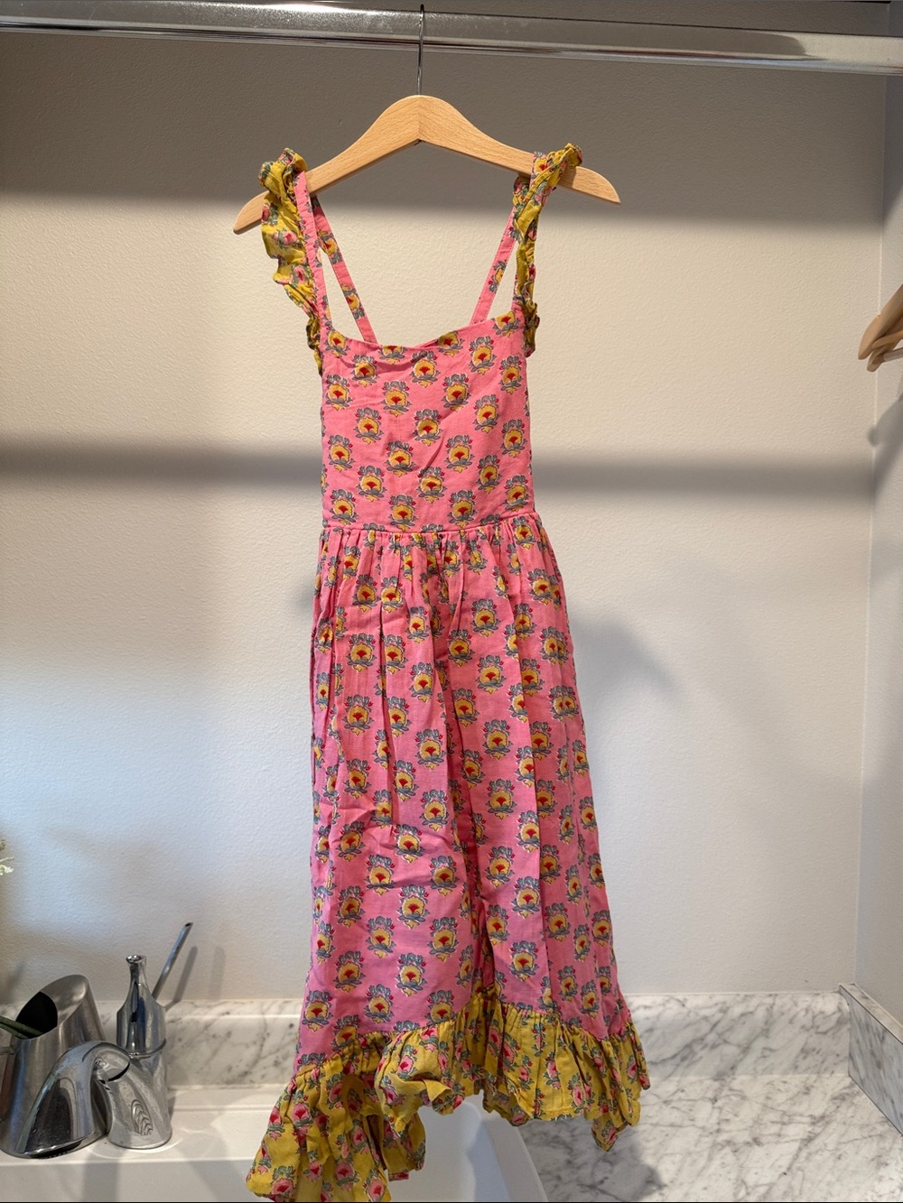 Mini Boden Pink Floral Ruffle-Strap Sundress with Yellow asymmetry Trim dress